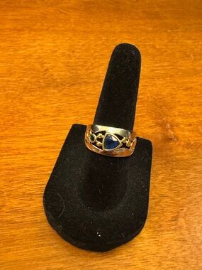 Silver Tone Costume JewelryRing with Blue Triangle and small round green stones